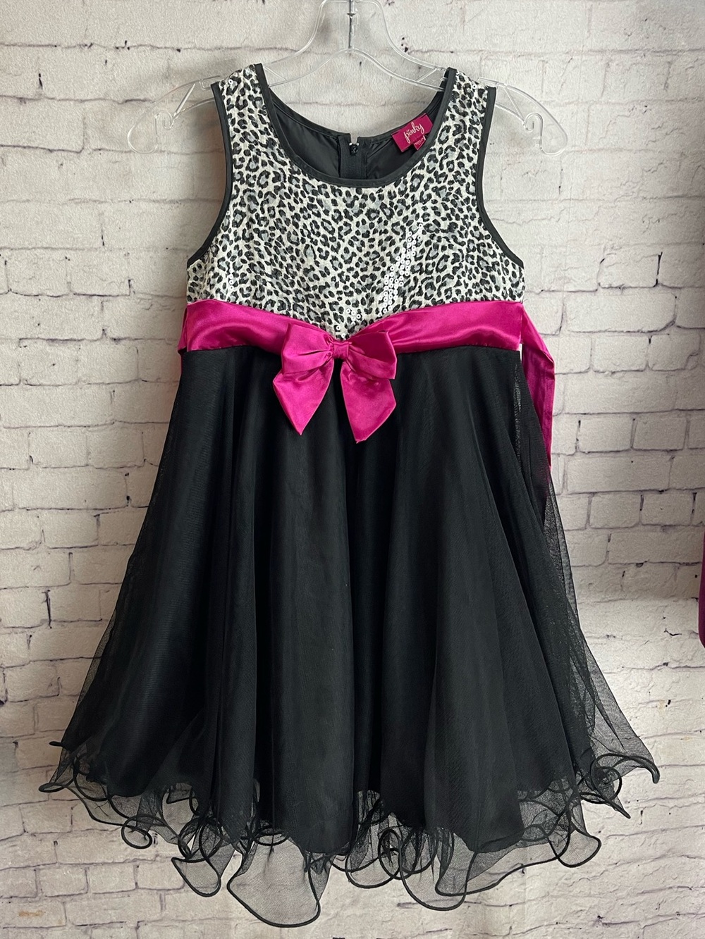 Pinky girls size 10 black dress with leopard print bodice and pink sash
